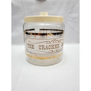 1960's Pyrex The Cracker Barrel Glass Cookie Candy Canister Jar Clear Gold W/Lid